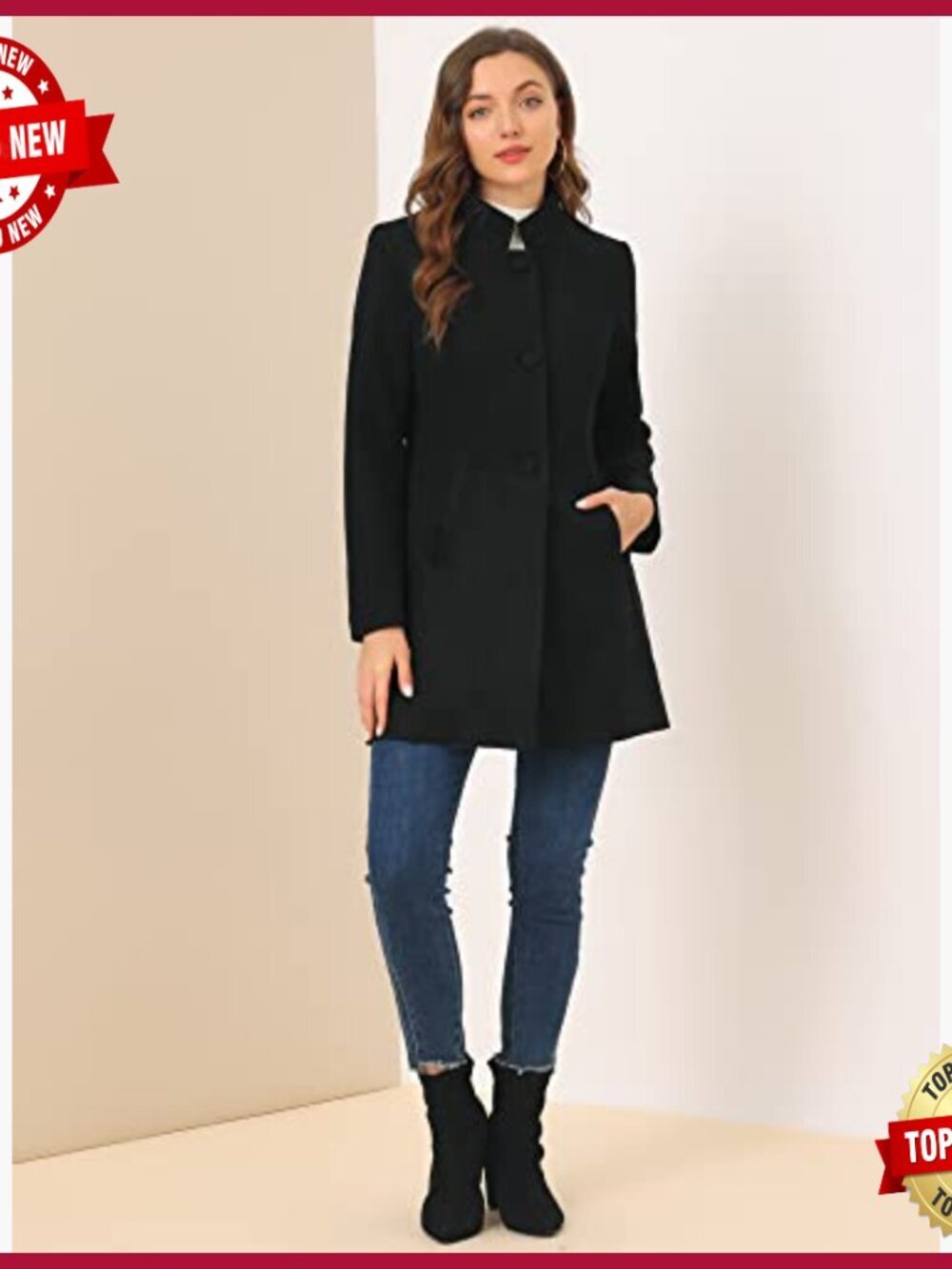 Mid-Long Winter Pea Coat Stand Collar Single Breasted Fully Lined Overcoat